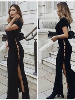 Zara Dark Green Short-Sleeve Maxi Dress with Side Button Cutouts and High Slit